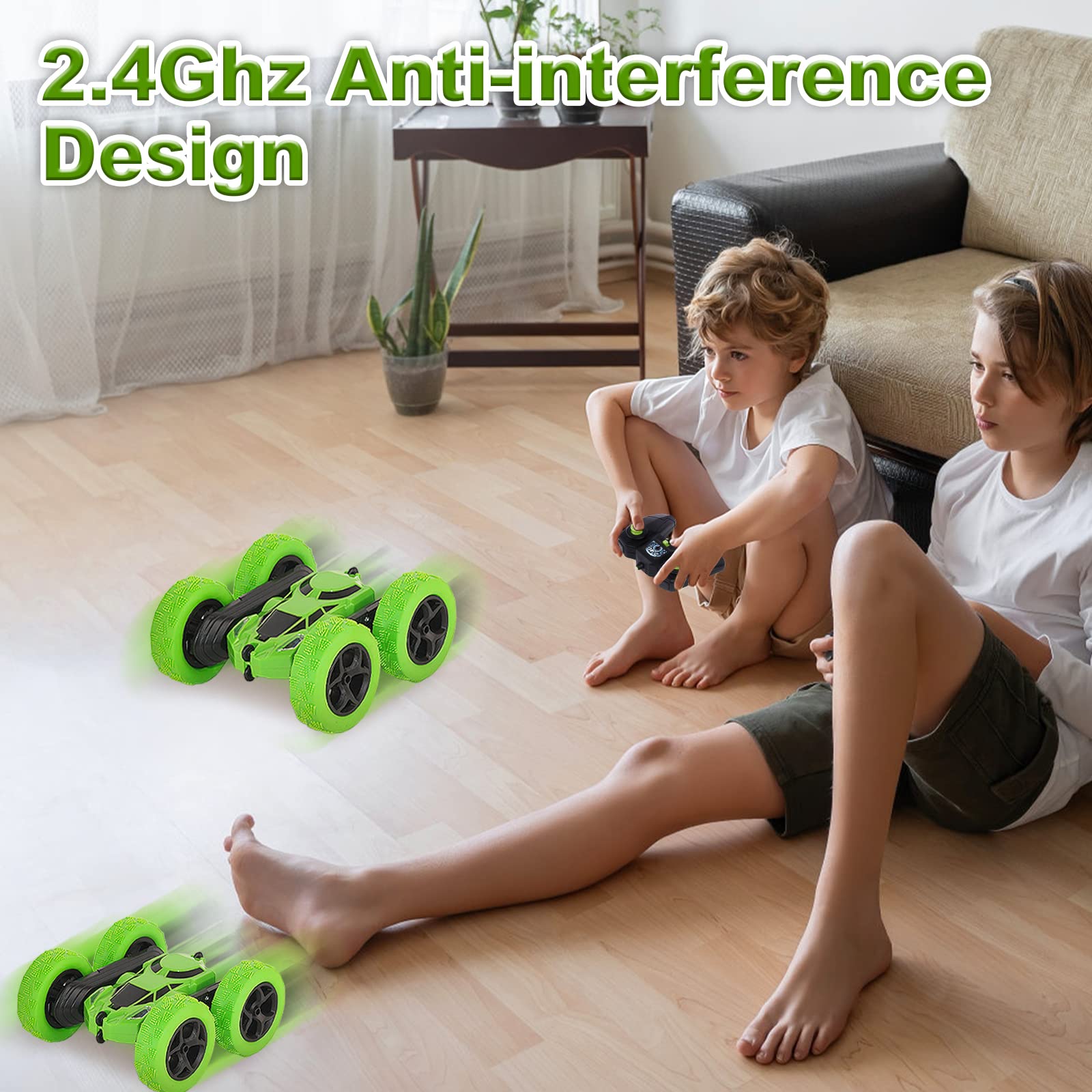 Remote Controlled Car, 90 Minutes Playtime, 2.4 GHz Double-Sided 360° Rotating RC Stunt Crawler with Headlights, 4WD Off Road Drift RC Car Toy Gifts for Boys 6-12 Green