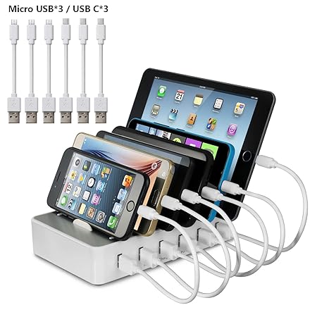 YOJA Ladestation Mehrere Geräte 6 Port USB Multi Ladestation Handy Tablet USB Ladegerät für mehrere Geräte kompatibel mit App