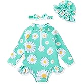 Yhnslsf Baby Girl Swimsuit Summer One-Piece Infant Bathing Suit with Hat Long Sleeve Ruffle Zipper Rash Guard Beach Swimwear