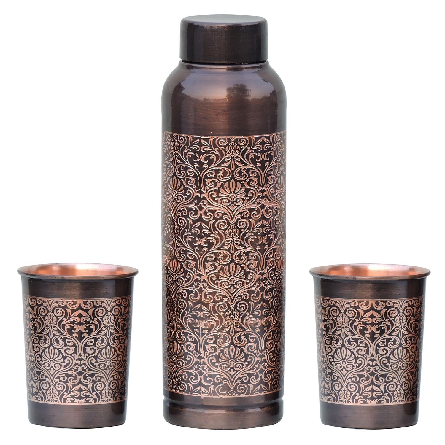 ANCIENTIMPEX Pure Copper Milton Water Bottle with 2 Tumblers β Floral Design | Ayurveda Benefits & Daily Hydration