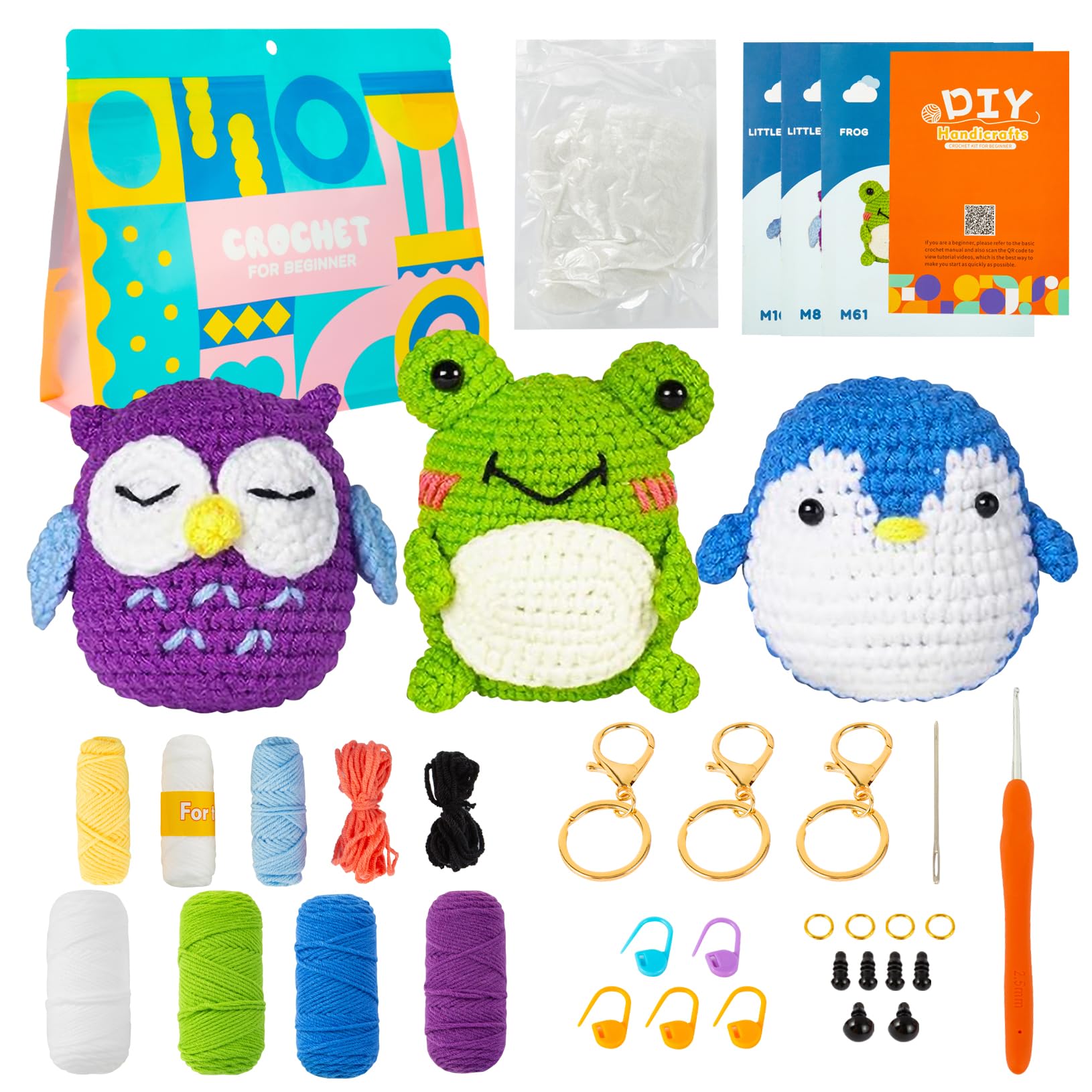 cotaour 3Pcs Crochet Kit for Beginners, Beginners Crochet Kit Adults Kids Crochet Knitting Animal Set for Beginners with Instructions and Video Tutorials (Frog/Owl/Penguin)