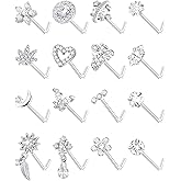 Wrlcorly 16Pcs 20G Nose Rings Studs Stainless Steel L Shaped Nose Stud CZ Butterfly Planet Star Leaf Bee Moon Heart Flower Dangle Piercing Jewelry for Women Men Pink/White/Blue/Clear