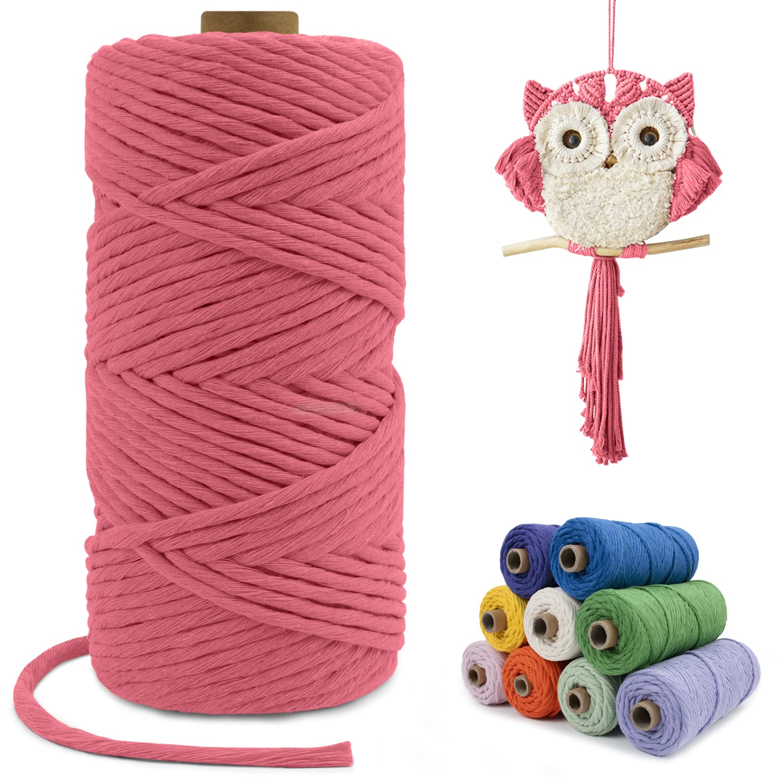 LEREATI Macrame Cord 4mm x 100m, Single Strand Thick Macrame Rope Yarn Natural Cotton Cord, Craft Macrame String for Plant Hanger, Wall Hanging, Knitting, DIY, Home Decorations (Watermelon Pink)