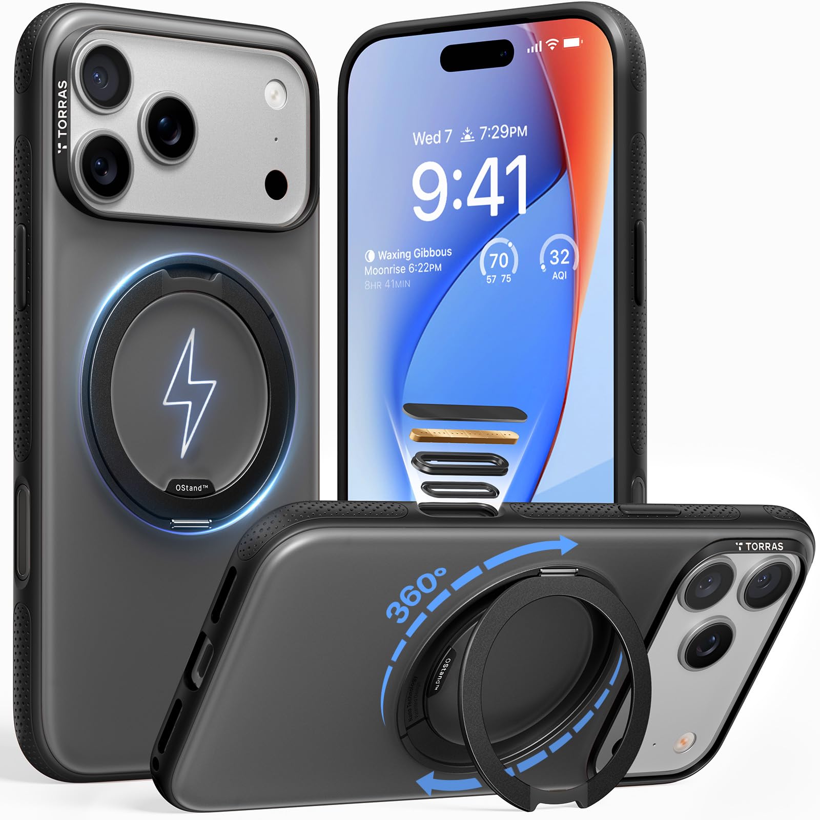 Photo 1 of TORRAS 360 Magnetic Stand for iPhone 17 Pro Case, [Fit for MagSafe] [Rotatable Ring Kickstand] [4X Mil-Grade Shockproof] Slim Phone Cover, Camera Button, Obsidian Black, Translucent, Ostand O3 Fitness