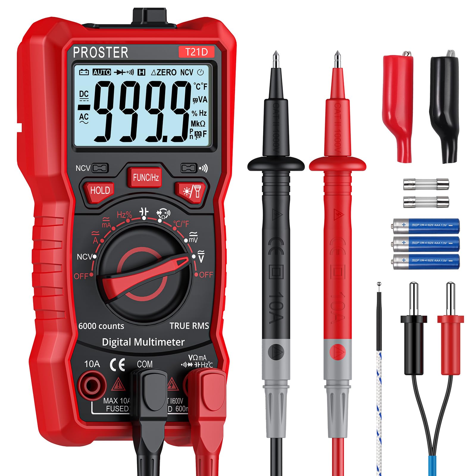 Proster TRMS 6000 Counts Auto Ranging Digital Multimeter – with 600V AC/DC Voltage 10A AC/DC Current NCV Multimeter with Temperature Probe, Backlight & Overload Protection for Electricians DIY