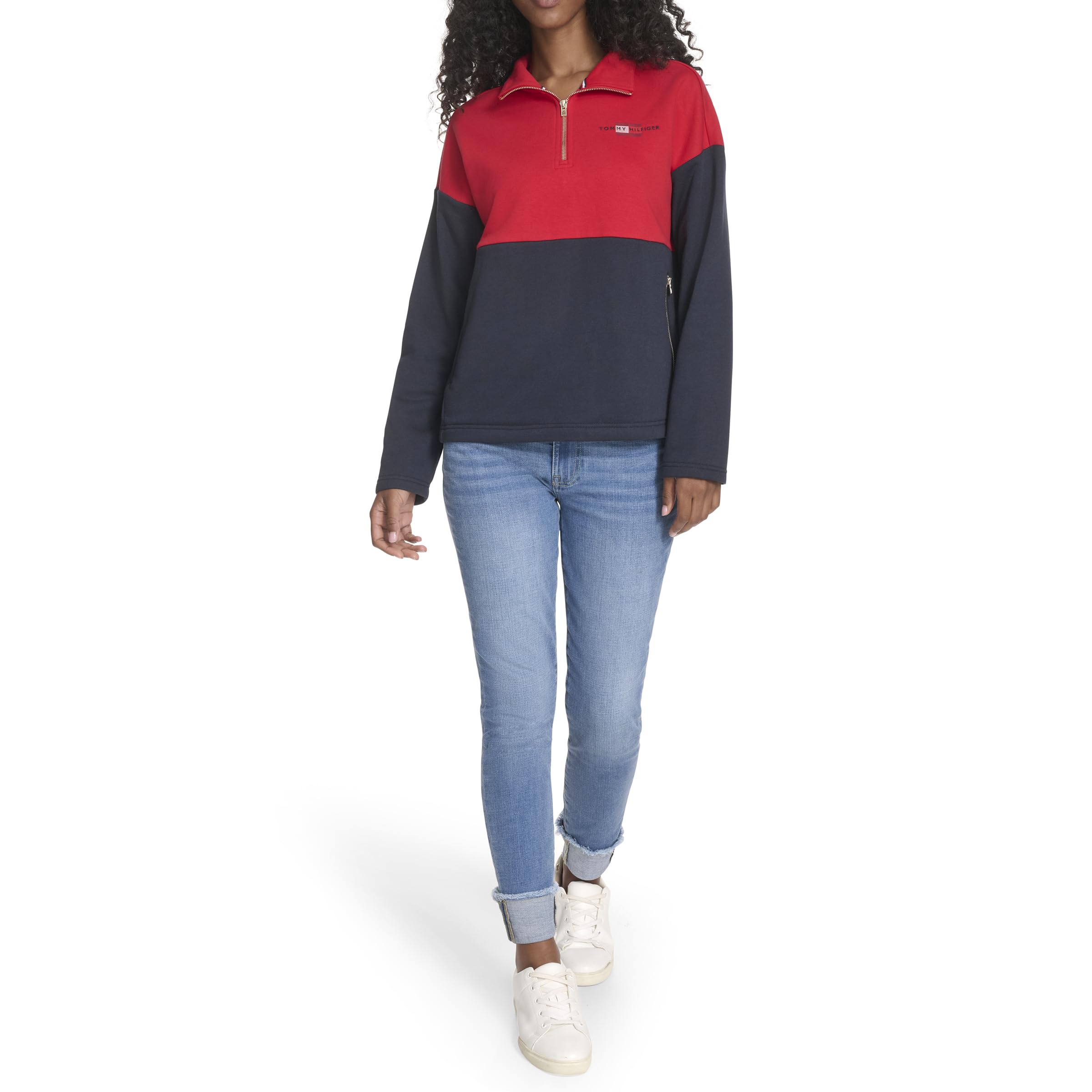 Tommy Hilfiger Women’s Sportswear 1/4 Zip Mockneck Fleece Sweatshirt, Scarlet/Sky Captain, X-Small