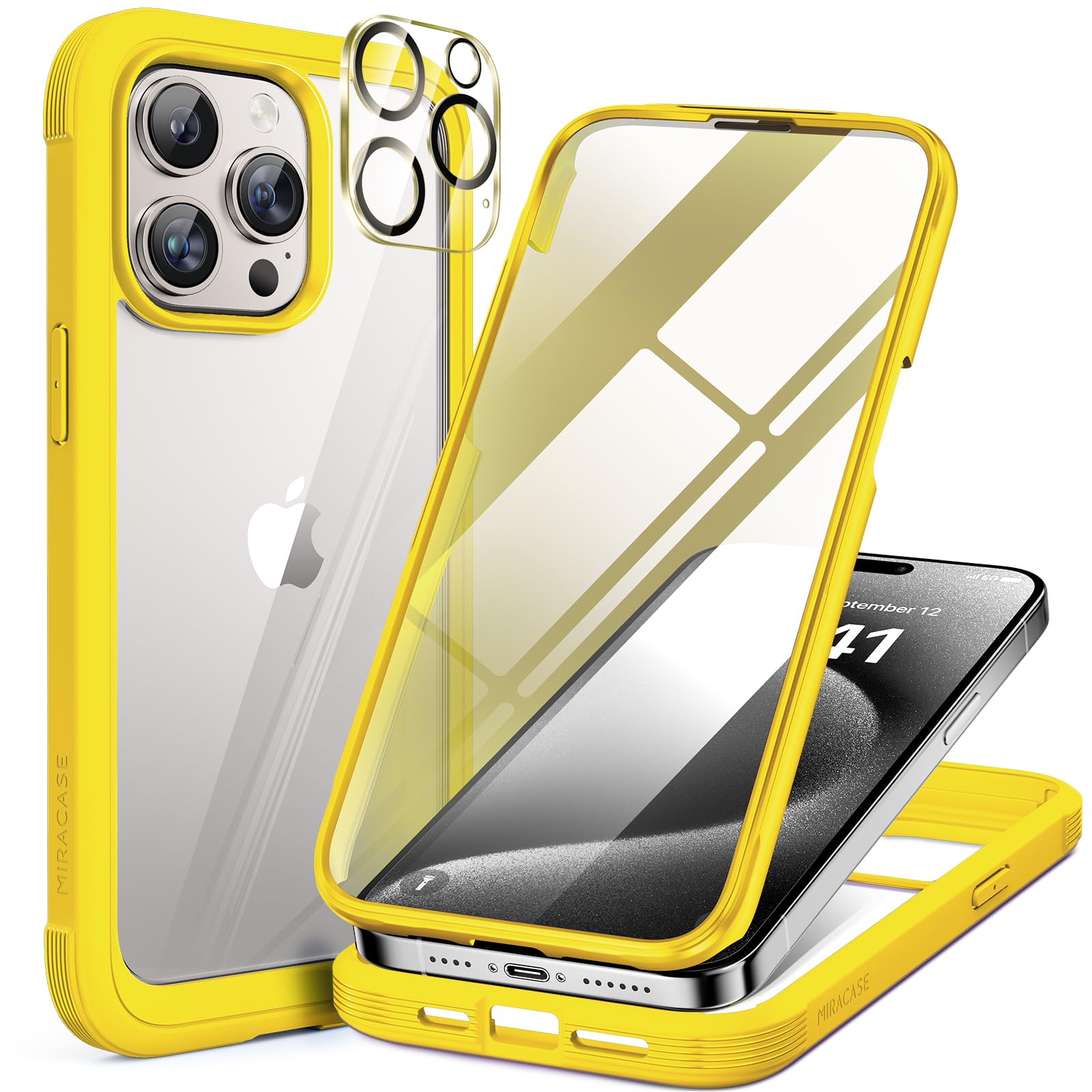 Miracase Glass Case for iPhone 15 Pro Max Case 6.7-Inch, Full Body Bumper Clear Back Cover and Built-in 9H Tempered Glass Screen Protector + Camera Lens Protector (Yellow)