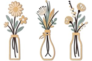 puthiac Wooden Flowers Vase Wall Art Set — Minimalist Boho Farmhouse Floral Décor, Rustic Wooden Wall Decor for Bathroom/Living Room/Bedroom/Dining Room-Housewarming Gift