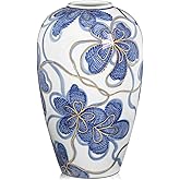 Blue and White Ceramic Vase for Home Decor – Hand-Painted Porcelain Flower Vase with Gold Accents – Chinoiserie-Inspired Home Decor Vases – 9" for Table, Shelf, or Mantel