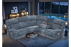 FURNIMAT Home Theater Seating Reclining Sectional Sofa, Reclining Couch with 4 USB, 2 Flip-Up Middle Backrest & Drawers, Wall Hugger RV Recliners, 145° Adjustable Recline & Cup Holders for RV & Movie Room