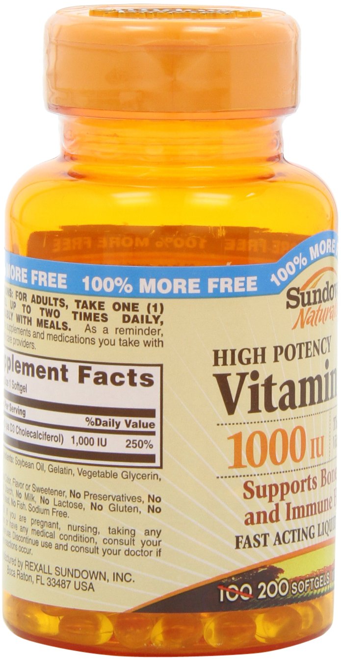 Sundown High Potency Vitamin D3, 1000 IU, 200 Softgels (Pack of 4