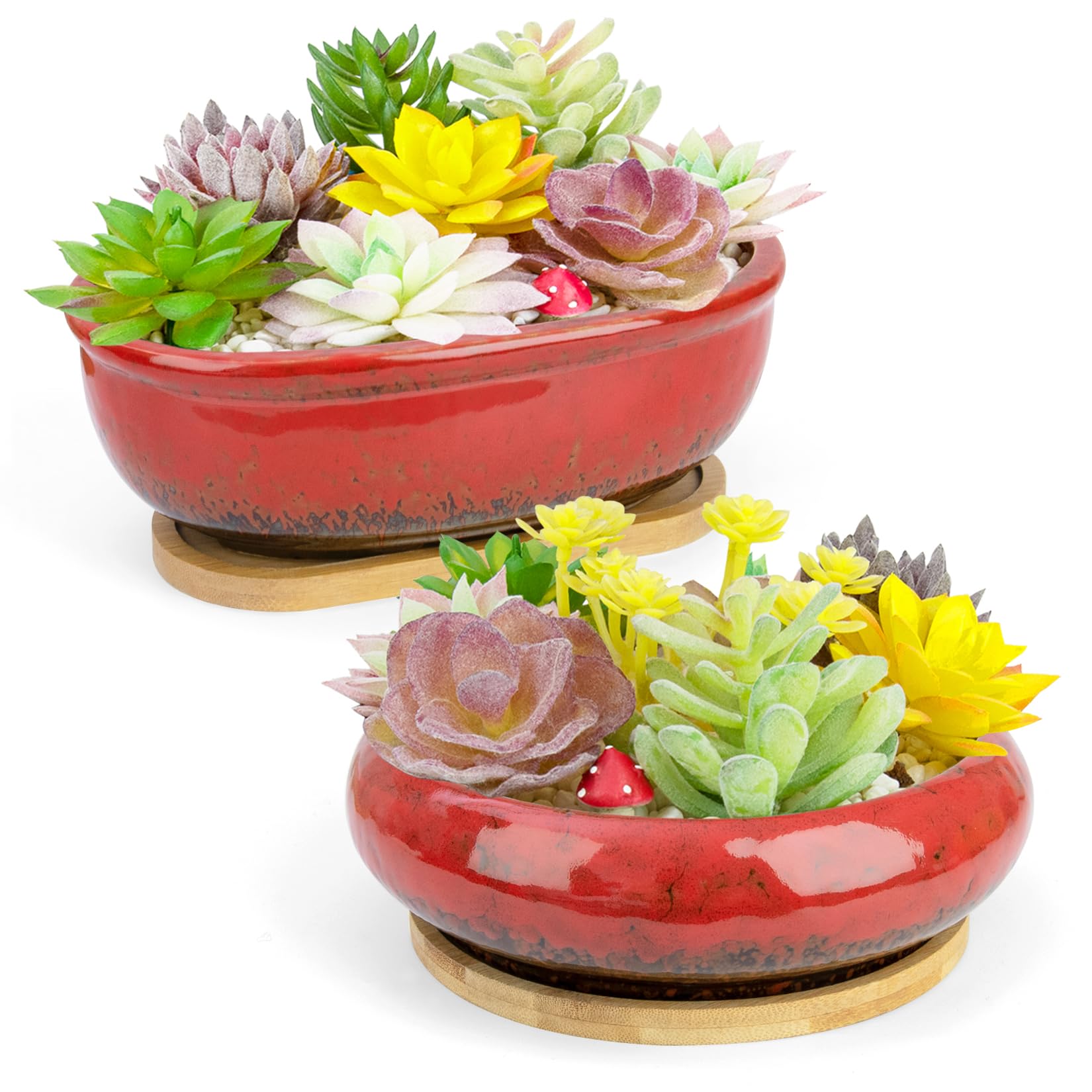 ARTKETTY Succulent Plant Pot - Large Ceramic Bonsai Pot with Drainage Tray, 1 Rectangle Planter + 1 Round Plant Pot for Indoor Cactus Flower Plants Decorative Garden Home