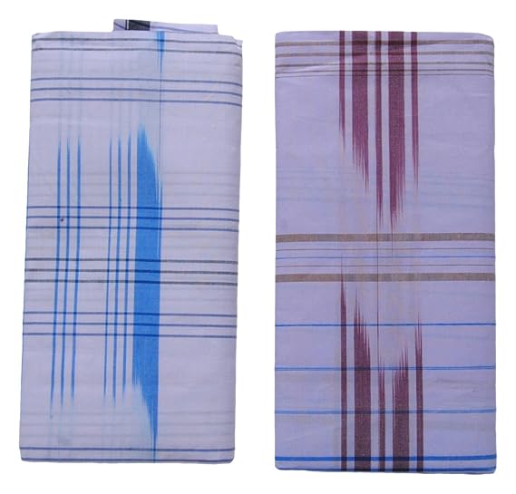 Men's Cotton Lungi (White, Combo of 2) - Assorted design