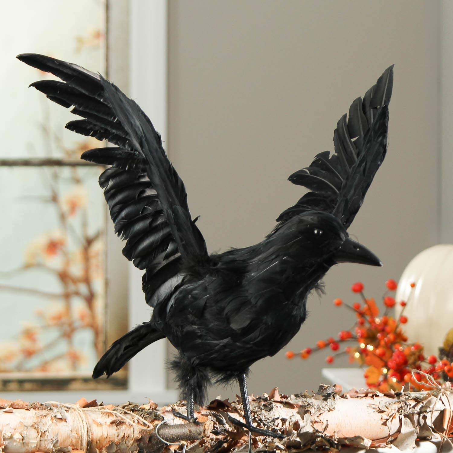 Artificial Large Life Size Black Feather Flying Crow for Halloween