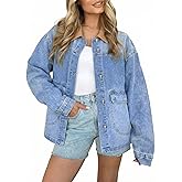 EVALESS Women's Oversized Jean Jacket Button Down Contrast Trim Barn Jackets Trendy Boyfriend Denim Jacket With Pockets