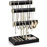 Vlando 3 Tier Bracelet Holder Organizer with Tray - Leather Jewelry Stand Organizer for Women - Jewelry Holder Display for Necklace, Watches, Rings, Earrings, Bangle, Scrunchie - Black