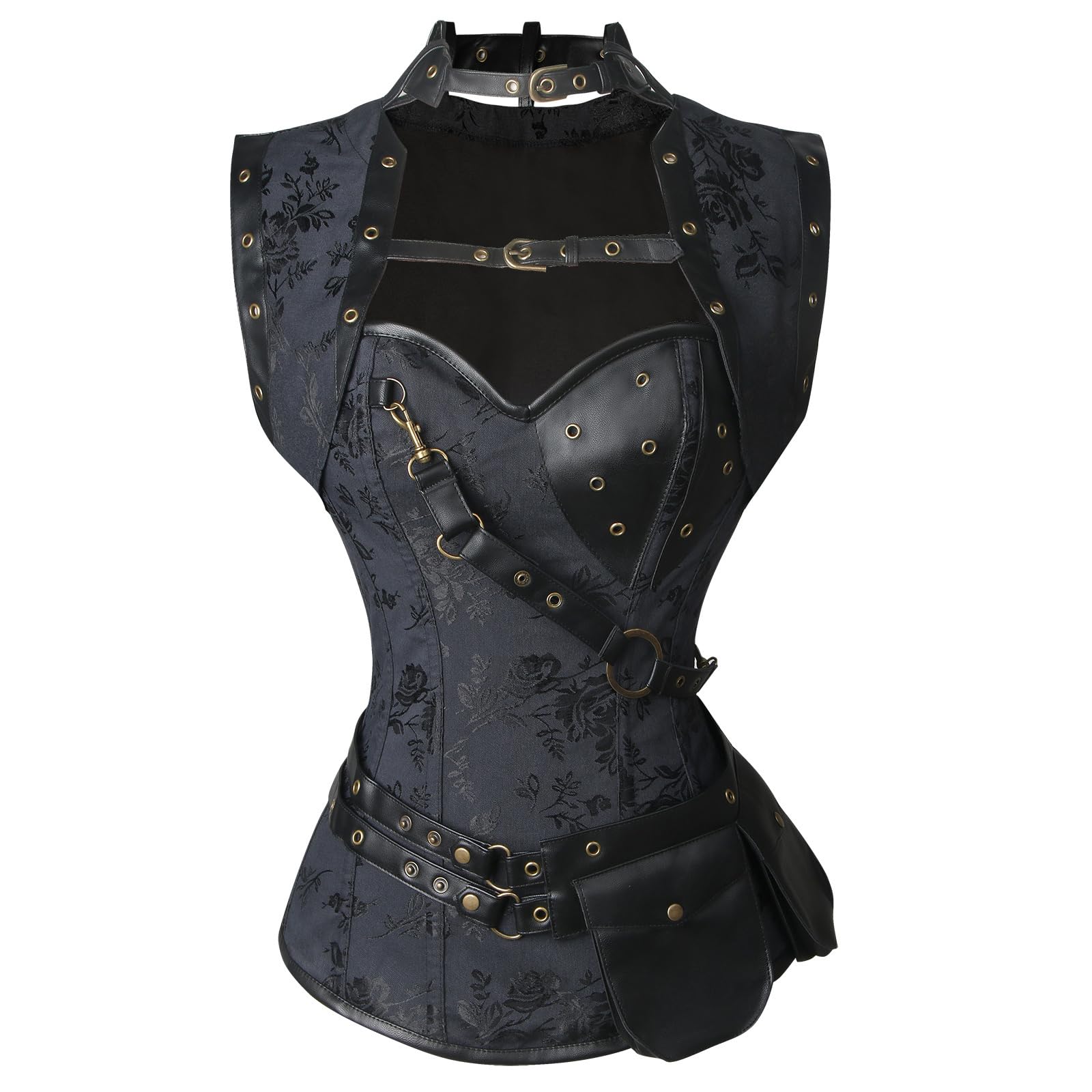 thumbnail image 2 of Charmian Women's Steampunk Corset Top - Spiral Steel Boned Bustier With Detachable High-Neck Shrug, Rose Pattern, Lace-Up Back 2 of 13