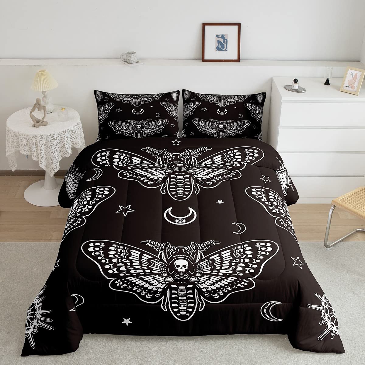 Loussiesd Boys Boho Moth Duvet Men Gothic Skull Bedding Set for Girls Women Bedroom Decor Bohemian Moon Star Duvet Insert Personalized Moth Skull Skeleton Bones Down Duvet Teens Quilt Set Double Size — image 1