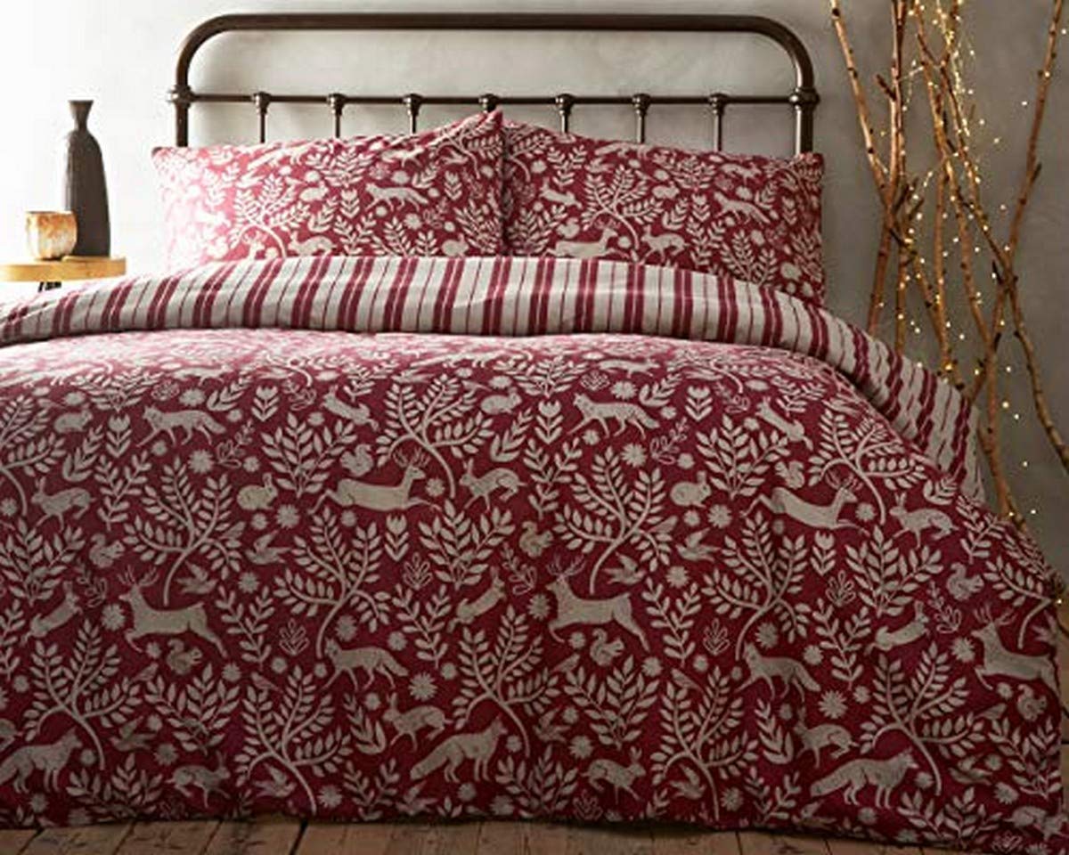 Creative Cloth Skandi Woodland Duvet Set, Cotton, Wildberry Red, Single