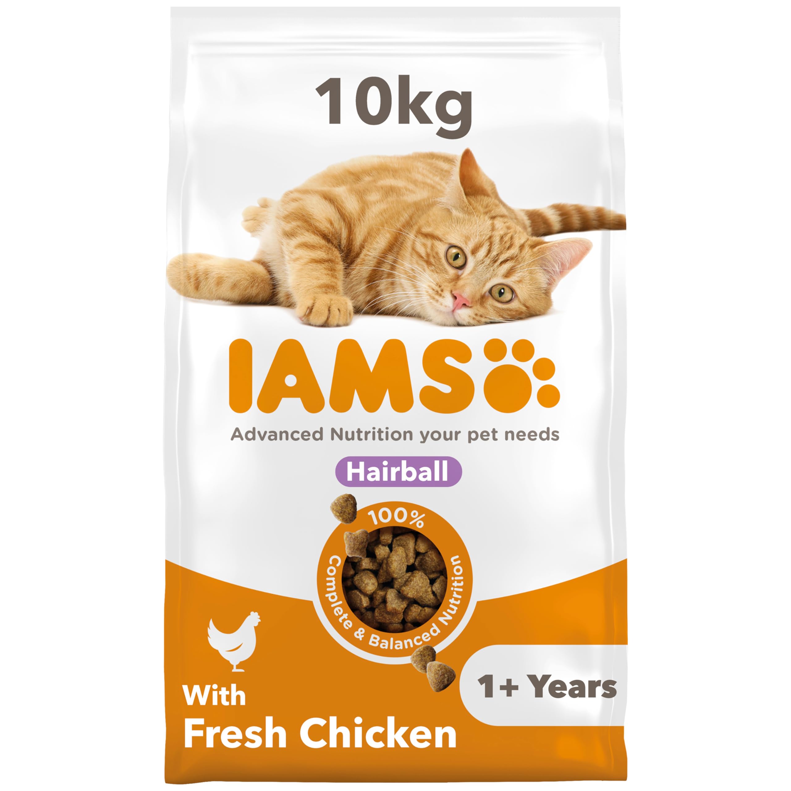IAMS Hairball Complete Dry Cat Food Chicken 10kg - Significantly Reduces Hairball Formation