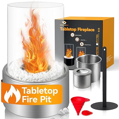 BRIAN & DANY Tabletop Bio Ethanol Fireplace with Cylindrical Glass, Silver