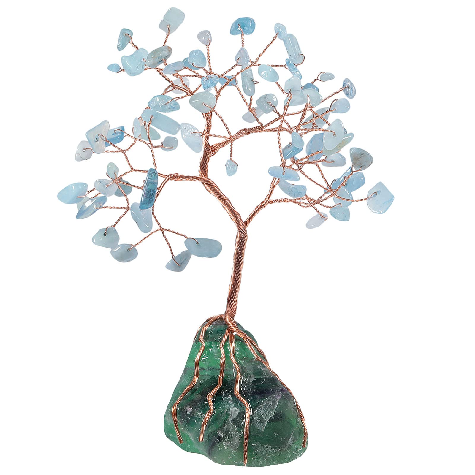Nupuyai Aquamarine Crystal Money Tree with Raw Fluorite Stone Base, Fengshui Crystals Figurine Healing Stone Spiritual Tree Ornament for Home Office Decor