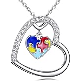 VONALA Autism Awareness Necklace for Women Heart Pendant Jewelry Gifts for Autistic Colorful Puzzle Piece Jewelry Gifts