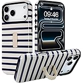 SOKAD Horizontal Stripes Phone Case for iPhone 17 Pro with Finger Strap Kickstand, Cute Striped Line Pattern for Girls Women, Glossy Shockproof Protective Cover, Navy Blue