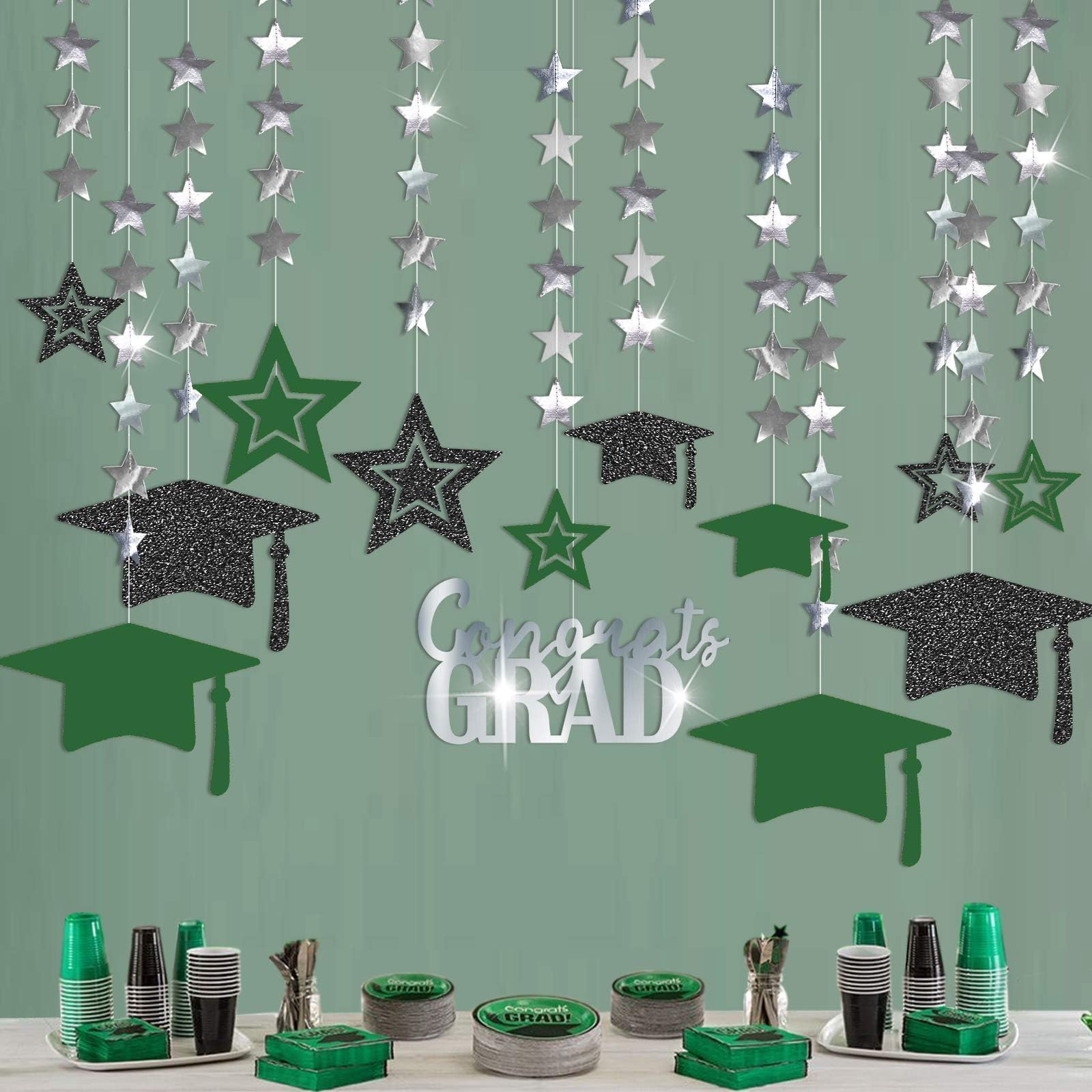 Glitter Black Green Graduation Party Decoration Grad Cap Decor Congrats Banner Star Hat Garland Hanging Streamer Backdrop for Party Home Classroom