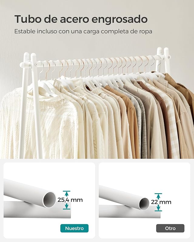 Burro, cabide de roupa, estrutura em aço, com barra e prateleira, 33,5 x 92,5 x 153 cm, para quarto, roupeiro, lavandaria, HSR023W01 branca