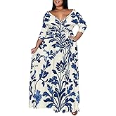SUZONANA Women's Plus Size Maxi Dresses Casual Loose Short Sleeve Long Maxi Dress with Belt Wedding