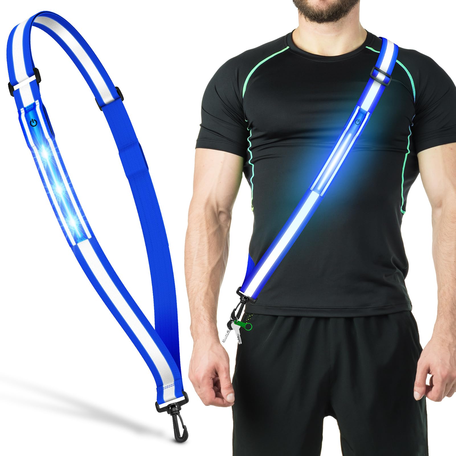 Ylzzrs LED Reflective Belt Sash Walking Gear,Safety Lights for Walkers at Night,High Visibility Safety Rechargeable Reflective Running Gear for Men Women Night Dog Walking Gear (blue)