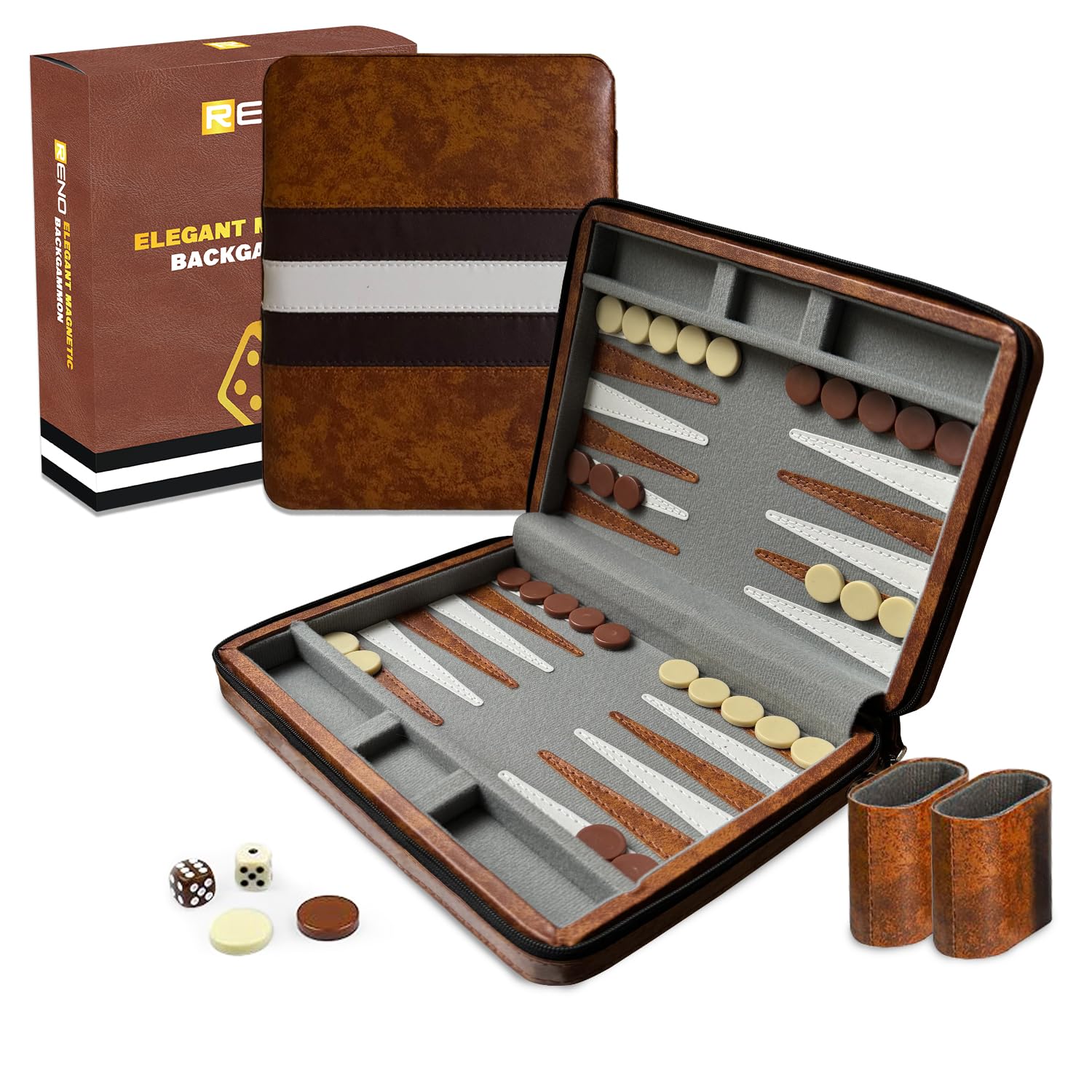 RENO UK based business -Magnetic Backgammon Set Elegant Leather -,Game set for Adults and Kids -Travel Backgammon -Garden games- 23.5 cm Board games for 2