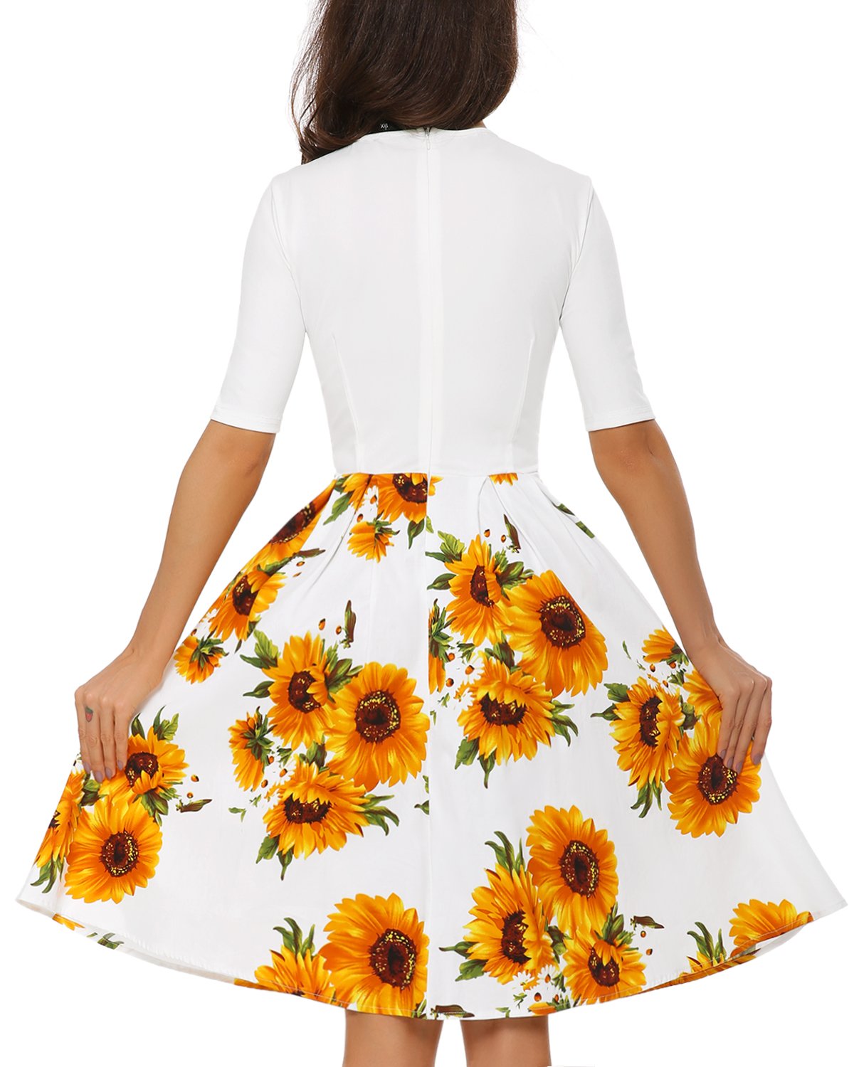 Mixfeer Women’s Vintage Midi Dress Floral Scoop Neck Short Sleeve Casual Work Cocktail Party Swing Dress with Pockets