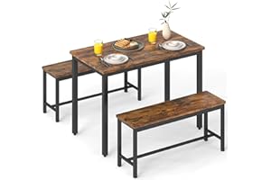 Ceecysaa 3-Piece Dining Table Set for 4 with 2 Benches, Modern Industrial Kitchen Table & Chairs Set, Space-Saving Breakfast 