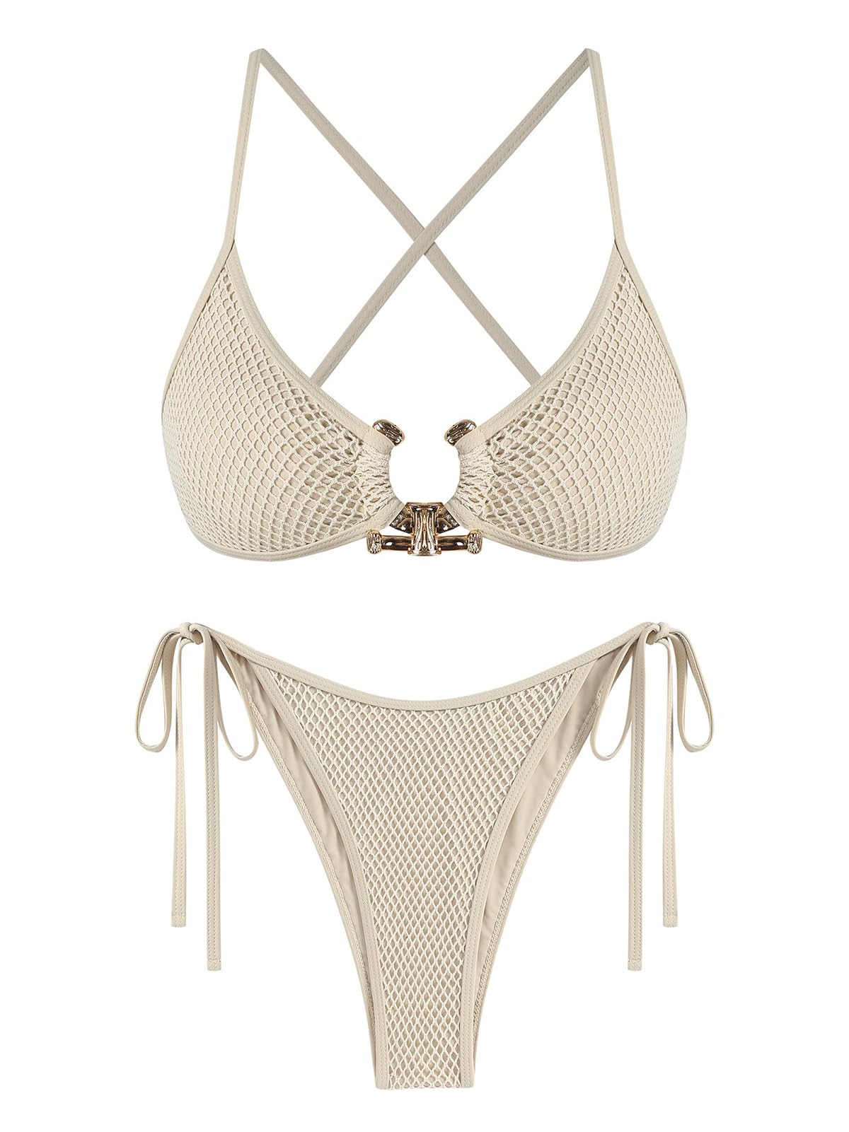 Photo 1 of ZAFUL Women's Cutout Bikini Criss Cross Textured Metal High Leg Bikini Sets Cheeky Swimswear Two Piece Swimsuit