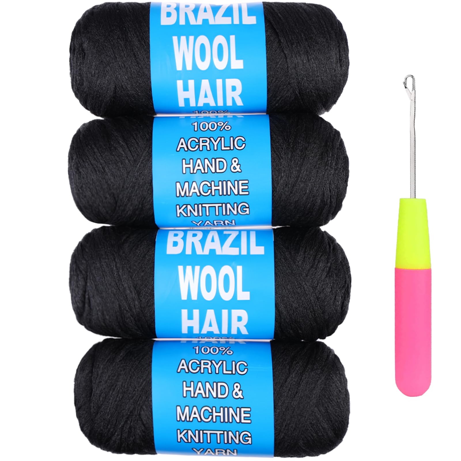 Samtress 4 Roll Natural Black Brazilian Wool Hair Acrylic Yarn for African Crochet Braids/Faux Locs/Senegalese Twist/Jumbo Braiding/Box Braids/Twist Wraps Synthetic Fiber Hair Extensions（#1B) — image 1