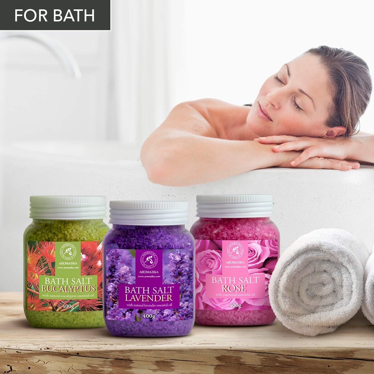 AROMATIKA Bath Salts Variety Set, 3 x 400 g Aromatherapy Bath Soak with Lavender - Image 4