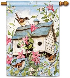 BreezeArt Studio M Spring Birdhouse with Clematis Decorative Standard House Flag Banner – Premium Quality, 28 x 40 Inches