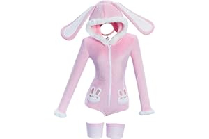 Mobbunny Cute Bunny Ear Onesie Pajama Fuzzy Romper Long Sleeve Loungewear Hooded Jumpsuit Zipper Fluffy Homewear with Socks