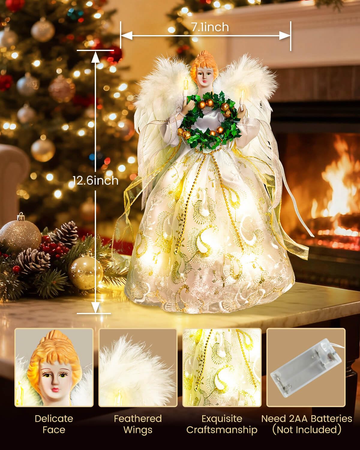 Angel Tree Topper with Lights | 12 Inch Christmas Angel Tree Topper with Feather Wings | Battery Powered Christmas Tree Toppers Lighted for Vintage Decor | Xmas Tree Topper Ornament, White
