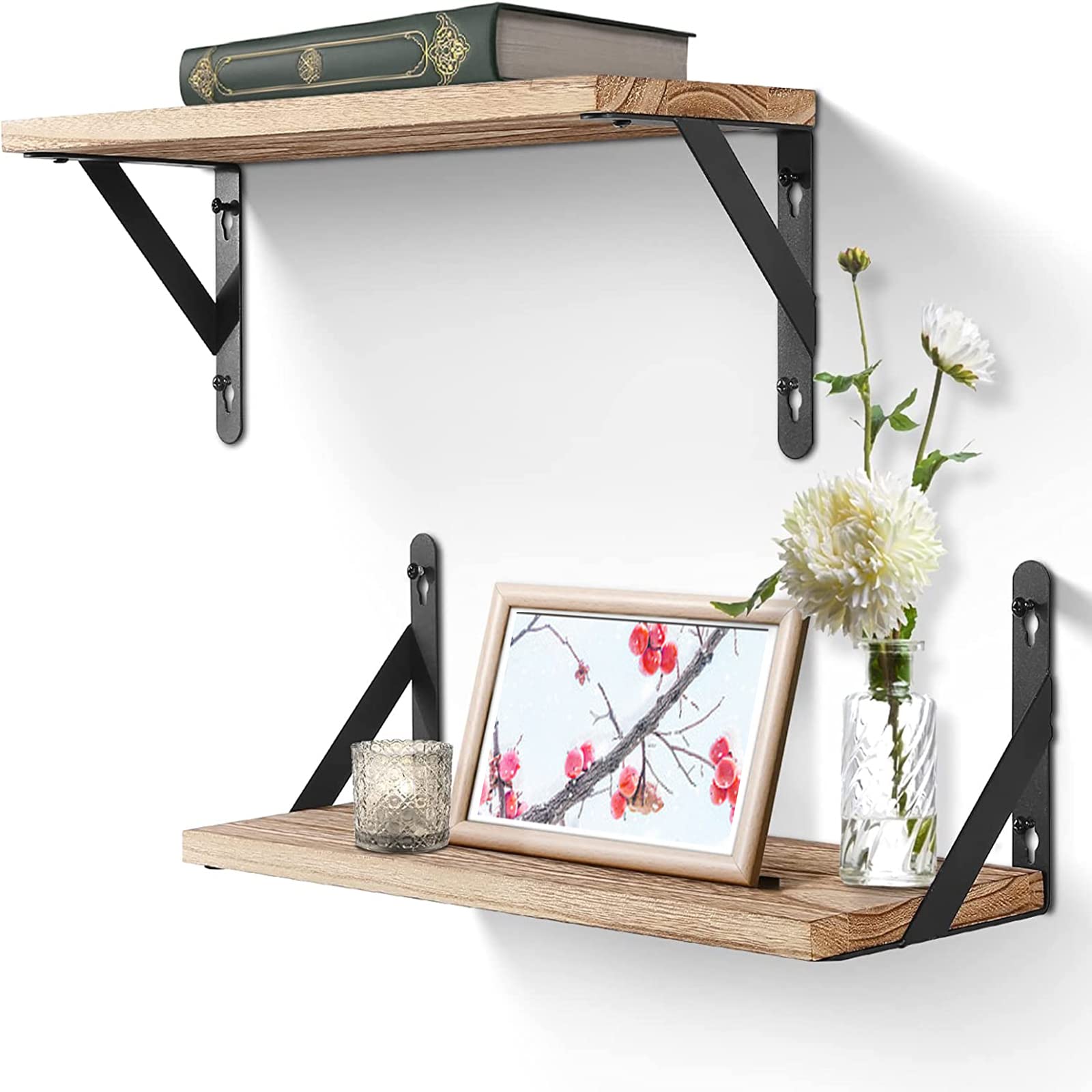Uten Floating Shelves 2PCS, Wall Mounted Shelf, Wooden Kitchen Shelves Set with Spirit Level for Bedroom, Bathroom, Living Room, Kitchen Storage, Office, Max Load 30kg/66Ibs