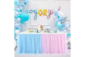 CO-AVE 9FT Baby Pink and Baby Blue Tulle Table Skirt for Baby Shower Girls Boys Gender Reveal Round Rectangle Dessert Tables Decoration(L 9(ft),H30in)
