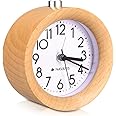 Navaris Wood Analog Alarm Clock - Round Battery-Operated Non-Ticking Clock with Snooze Button and Light - Light Brown