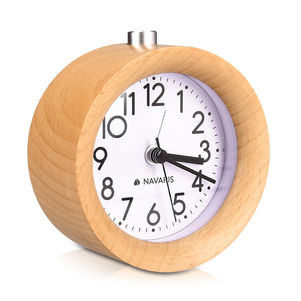 Navaris Analogue Wood Alarm Clock - Retro Round Wooden Table Clock with Snooze Function and Clock Face Alarm Light - Natural Wood in Light Brown