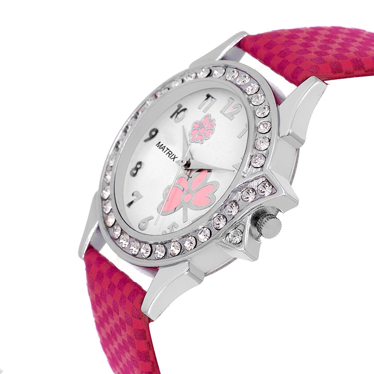 matrix pink dial & leather strap analog watch for women/girls- (wn-26)