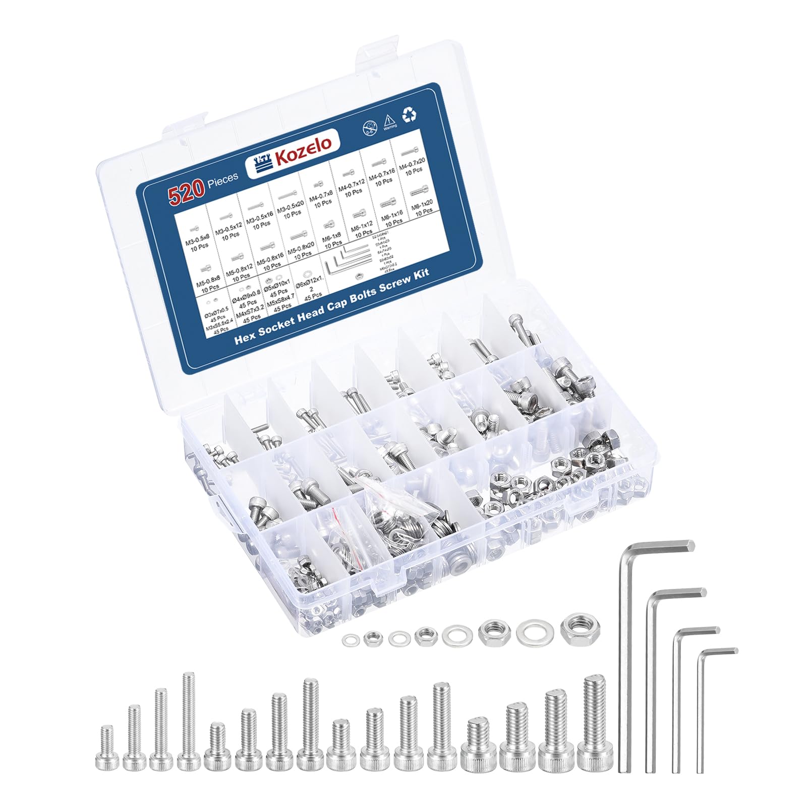Kozelo 520pcs Socket Head Cap Screws Bolts Nuts Assortment Kit - [M3/M4/M5/M6] 304 Stainless Steel Allen Socket Drive for 3D Printer with Allen Wrench
