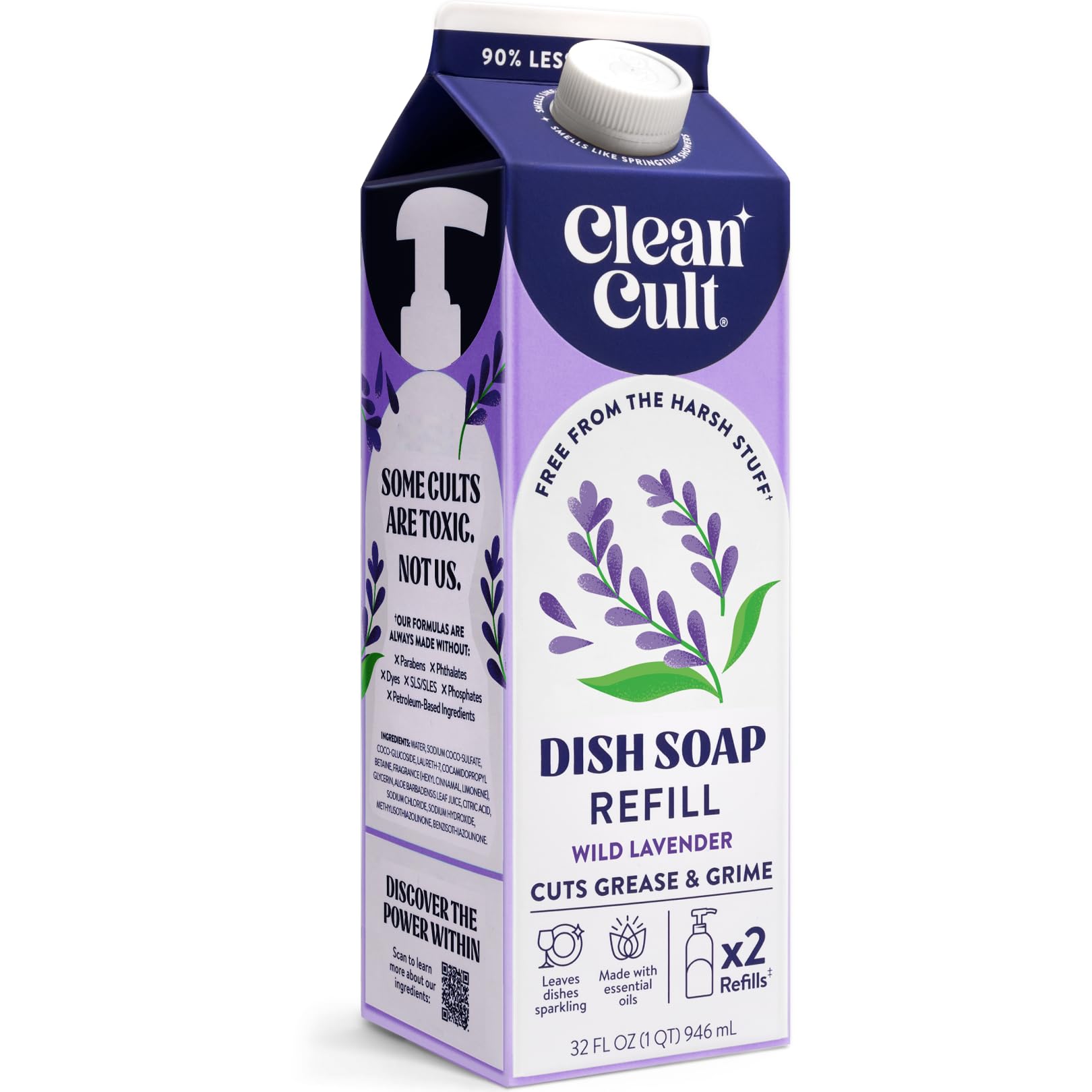 Photo 1 of Cleancult Dish Soap Liquid Refill (32oz, 1 Pack) - Plant Based Cleaning Power - Dish Soap that Cuts Grease & Grime - Free of Harsh Chemicals - Uses 90% Less Plastic - Wild Lavender
