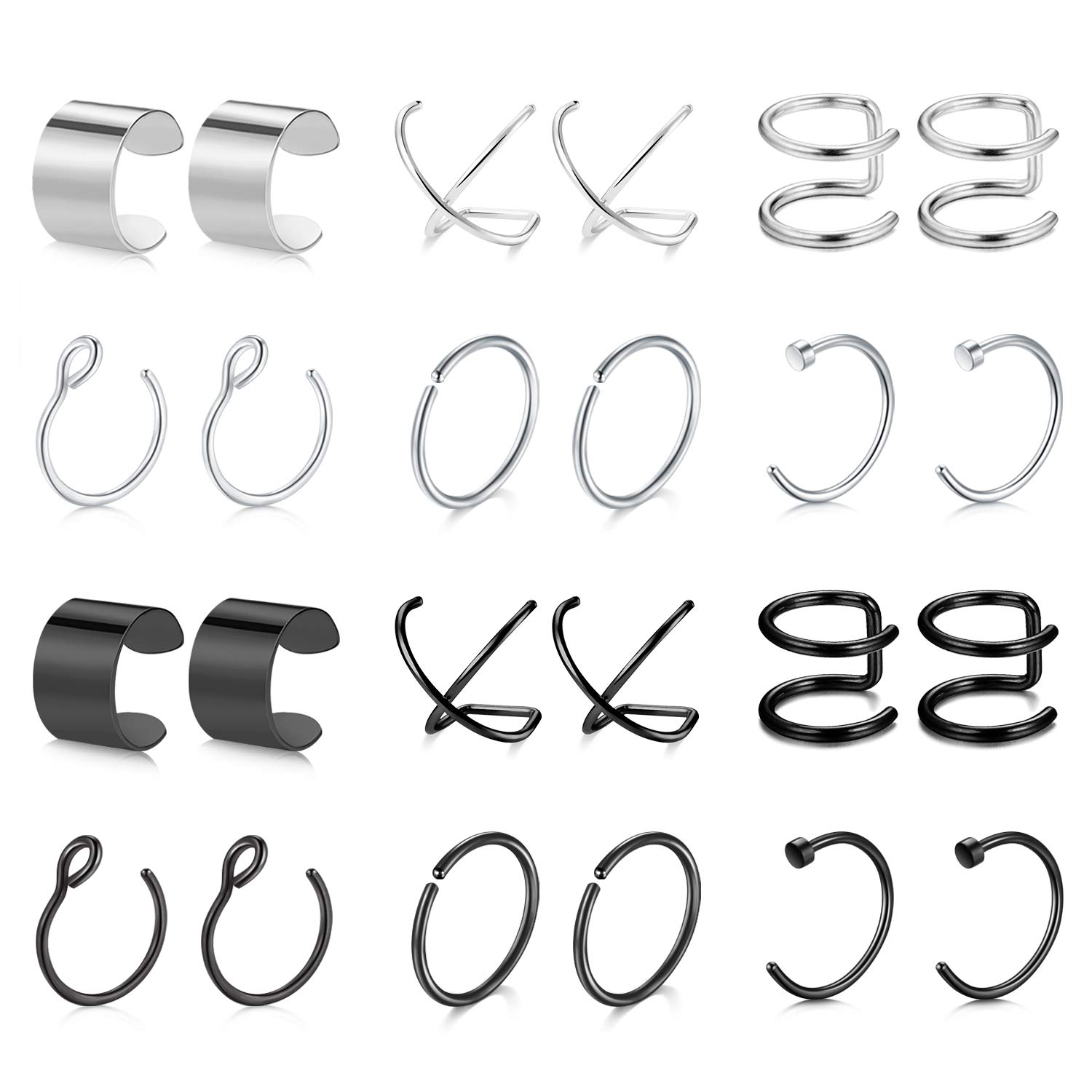 Mayhoop 24 Pcs Fake Piercings Ear Cuffs Earrings Stainless Steel Clips on Helix Cartilage Earring Wrap Fake Nose Lip Rings Non Piercing Silver Black for Women Men