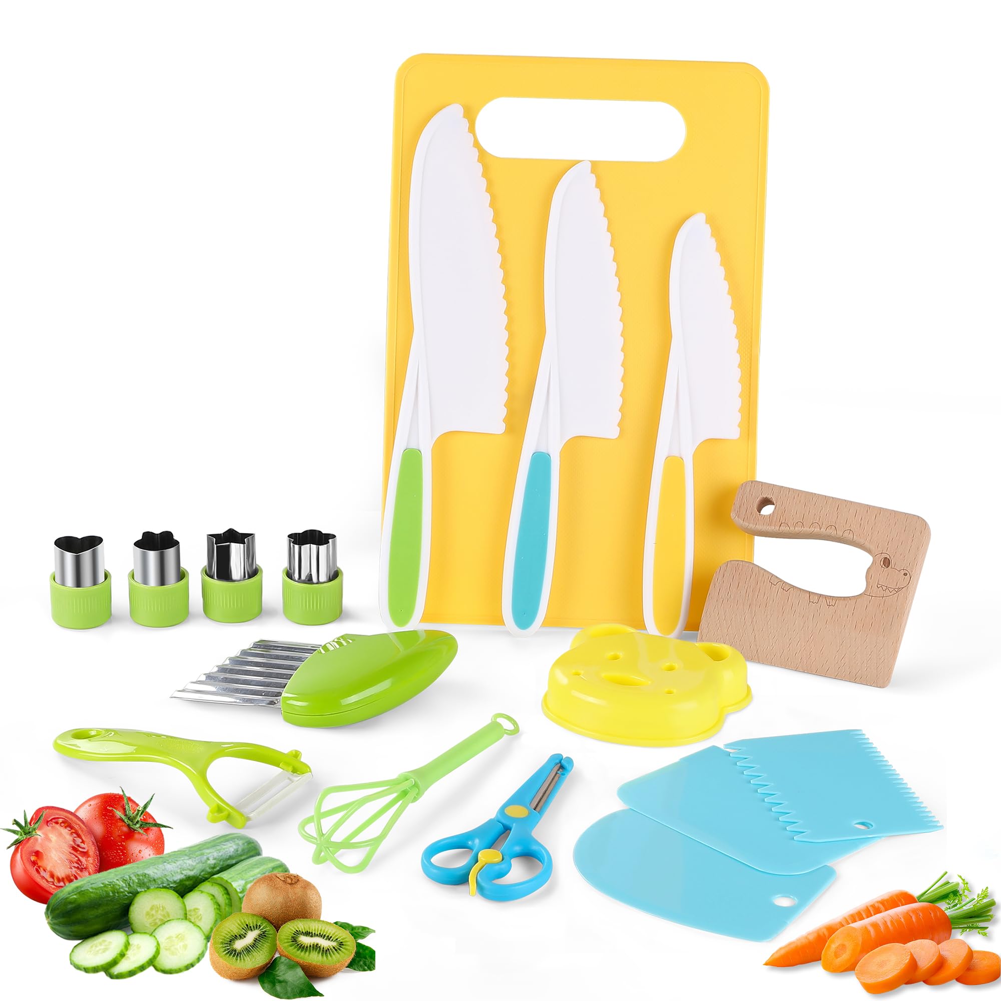 Photo 1 of 16PCS Montessori Kitchen Tools Cookware Baking Toy, Toddler Baking Set for Real Cooking includes 3 Serrated Edges Plastic Toddler Knives, Cutting Board, Y Peeler, Egg Beater, Toddler Food Picks